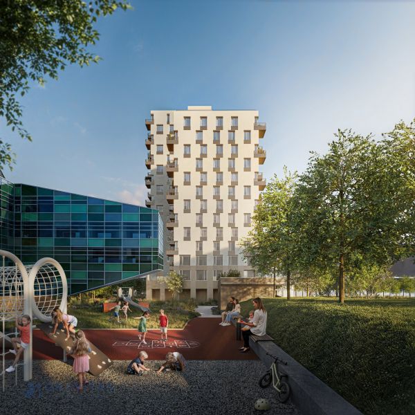 2-izbový byt s predzáhradkou, Brenner – Residence | Ružinov - Bytový dom so sklenými panelmi a detským ihriskom na Mlynských Nivách v Bratislave - Ružinove.