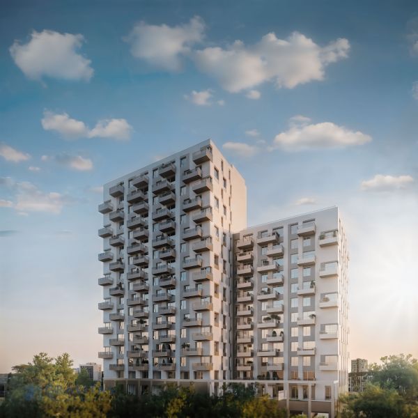 2-izbový byt s predzáhradkou, Brenner – Residence | Ružinov - Výšková budova na Mlynských Nivách v Bratislave - Ružinove s balkónmi a zeleňou.