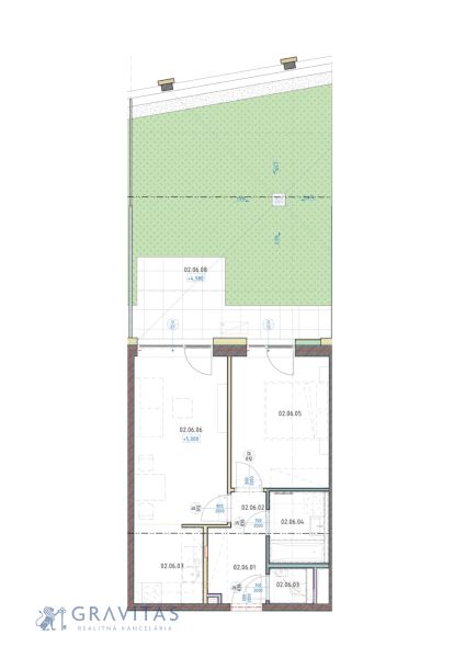 2-izbový byt s predzáhradkou, Brenner – Residence | Ružinov - Pôdorys 2-izbového bytu s terasou a záhradou, zobrazujúci usporiadanie miestností.