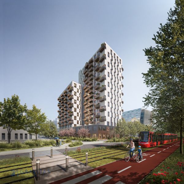 2-izbový byt s predzáhradkou, Brenner – Residence | Ružinov - Novostavba s balkónmi, cyklista a električka na Mlynských Nivách v Bratislave-Ružinove.