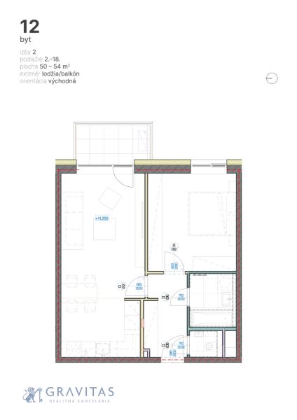2-izbový byt s balkónom,  Brenner – Residence, Ružinov - Pôdorys ukazuje dispozíciu 2-izbového bytu s lodžiou a kuchyňou.