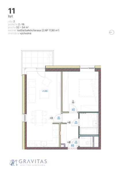 2-izbový byt s balkónom, Brenner – Residence, Ružinov - Pôdorys dvojizbového bytu s lodžiou, výhodná orientácia, plocha 52 až 54 m².