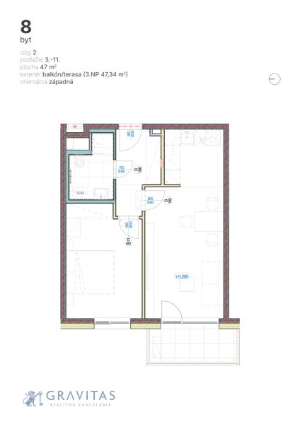 2-izbový byt s balkónom, Brenner – Residence | Ružinov - Pôdorys 2-izbového bytu s balkónom, orientácia západná, 47 m².