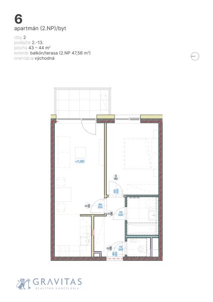 2-izbový byt s balkónom, Brenner – Residence |Ružinov - Pôdorys 2-izbového bytu s balkónom a východnou orientáciou.