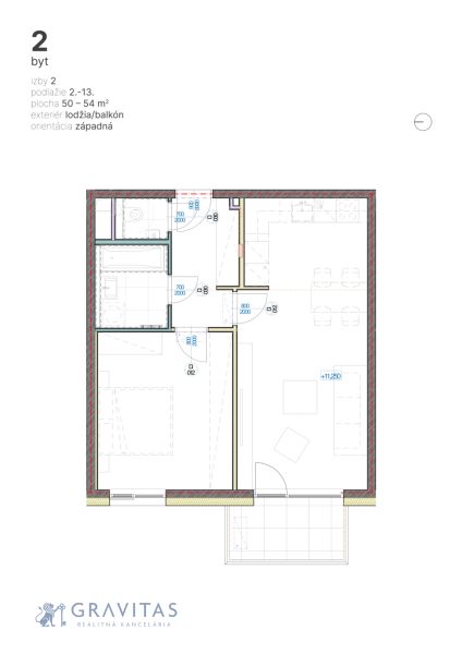 2-izbový byt s balkónom, Brenner – Residence, Ružinov. - Pôdorys 2-izbového bytu s lodžiou, rozmery 50-54 m², orientácia západná.