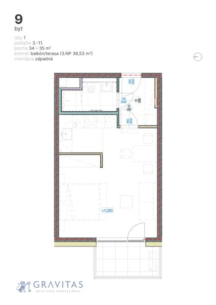 1-izbový byt s balkónom, Brenner – Residence, Ružinov. - Pôdorys 1-izbového bytu so západnou terasou, podlažie 3-11, plocha 34-35 m².