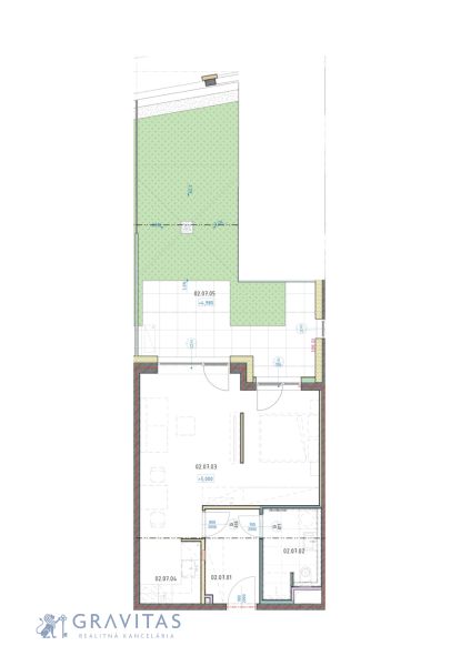 1-izbový byt s predzáhradkou, Brenner – Residence Ružinov. - Pôdorys 1-izbového bytu s terasou a vonkajšou záhradou, zobrazenie miestností a rozmiestnenia.