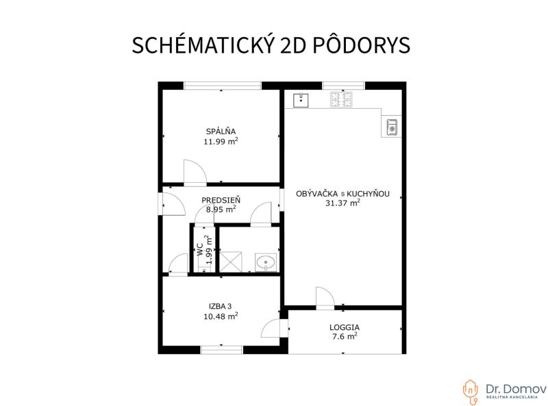 NA PREDAJ ŠTÝLOVÝ A VEĽKÝ 3-IZBOVÝ BYT, KOMPLETNÁ REK., LAMAČ - BA - Pôdorys 3-izbového bytu so spálňou, obývačkou s kuchyňou a loggiou.