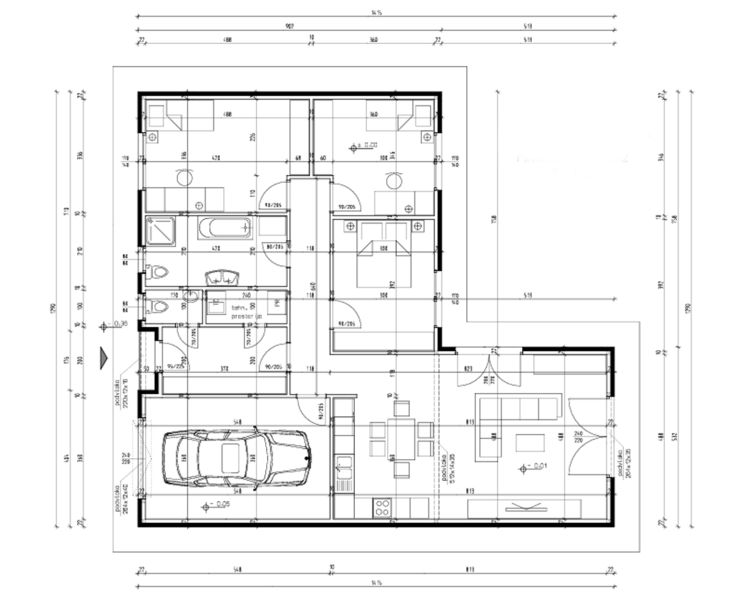 / Novostavba, moderný bungalov, dokončený na kľúč  - Pôdorys prízemia rodinného domu so zariadením, garážou, obývačkou, kuchyňou a kúpeľňami.