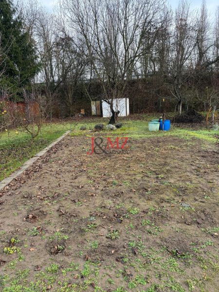 Záhrada Levice - Podhradie 311m2 - Záhrada v Leviciach na ulici Podhradie s trávnikom, stromami a malou šopou.