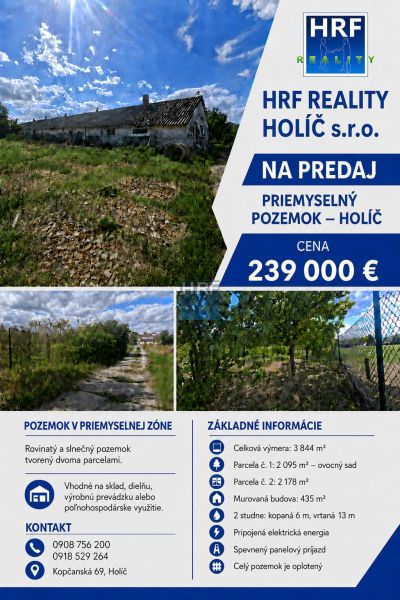 Na predaj rovinatý pozemok v priemyselnej časti Holíča. - Priemyselný pozemok v Holíči s budovou, oplotením a prístupovou cestou.