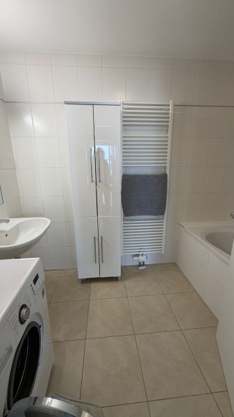 3-izbový zariadený byt s veľkou terasou pri lese, Wolfsthal - Kúpeľňa v 3-izbovom byte, s bielym nábytkom a práčkou.