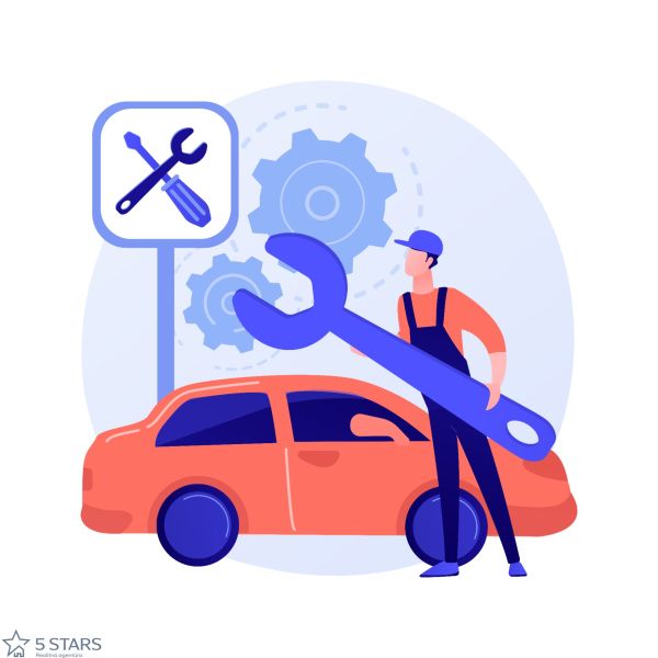 PRENÁJOM – KOMPLETNE VYBAVENÝ AUTOSERVIS S DLHOROČNOU HISTÓRIOU - Mechanik v monterkach s obrovským kľúčom pri aute a servisná tabuľa.