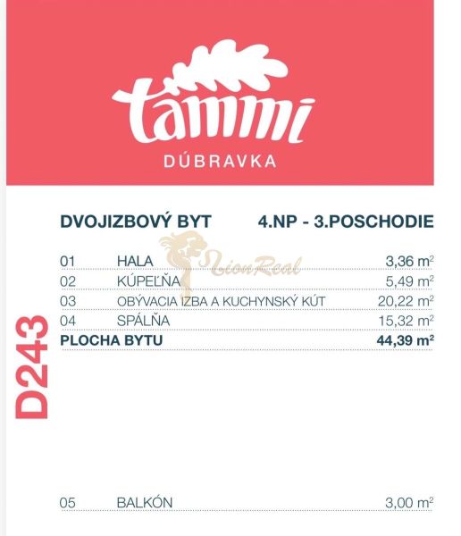 2-izb. byt Pri Hrubej lúke v projekte Tammi, pivnica, garážové státie - Pôdorys dvojizbového bytu v Dúbravke s výmerou 44,39 m² a balkónom.