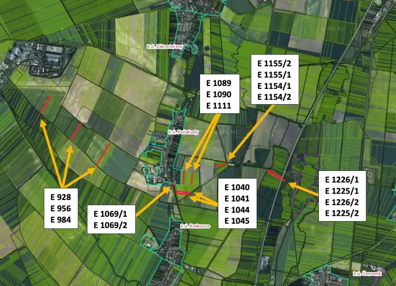 Pečeňady – 2.350 m2 ORNÁ PÔDA - Mapa poľnohospodárskych a lesných pozemkov Pečeňady s parcelnými číslami.