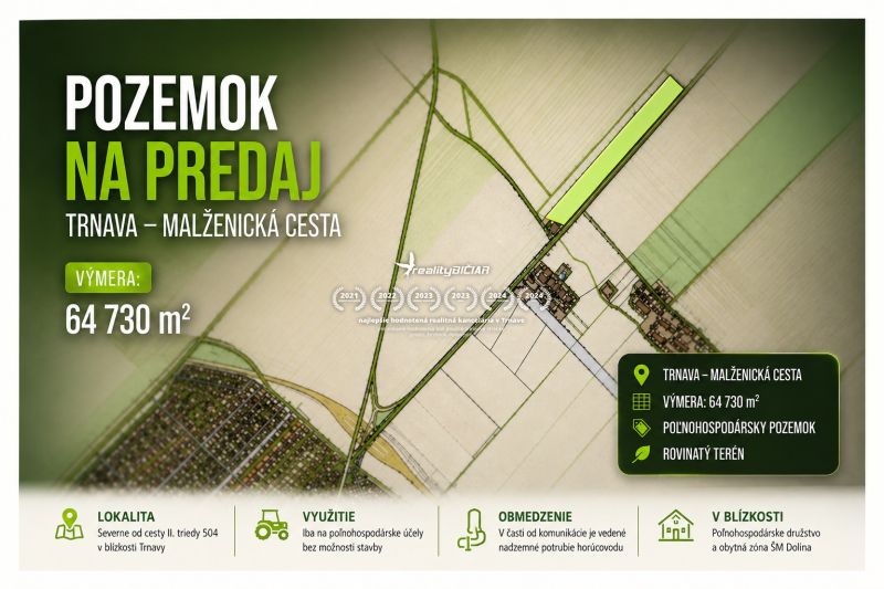 POZEMOK NA PREDAJ – TRNAVA, MALŽENICKÁ CESTA - Ponuka predaja poľnohospodárskych pozemkov na Malženickej ceste v Trnave, výmera 64 730 m².