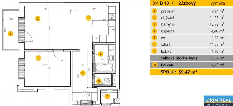MODERNÁ ZARIADENÁ NOVOSTAVBA  takmer v centre - MAHULANKA - Pôdorys 2-izbového bytu, obsahujúci kuchyňu, izbu a balkón na Mahulanke v Pezinku.