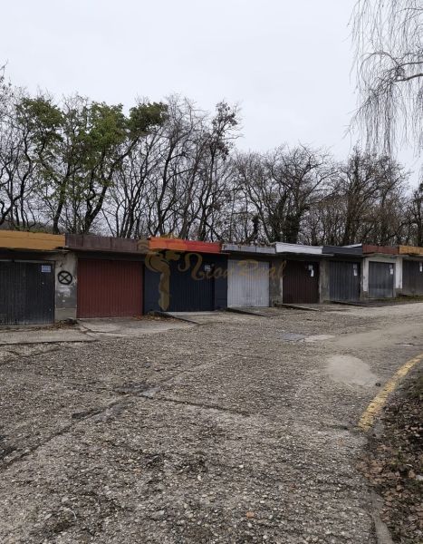Garáž Púpavova, Karlova Ves + pivnica - Staršie garáže pri Púpavovej ulici, pokryté stromami a prázdnou cestou.