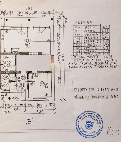 5-izb. dvojpodlažný rodinný dom, Rovinka - Pôdorys prízemia rodinného domu s rozmermi a legendou miestností.