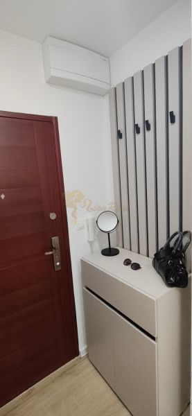 Novozrekonštruovaný 3-izb. byt, A. Gwerkovej, Petržalka - Ovsište - Predsieň so zrkadlom, botníkom a vešiakmi v 3-izbovom byte s podlahou s dreveným dekorom.