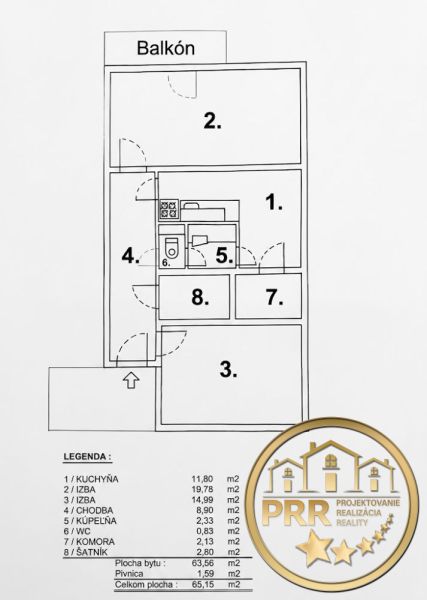 PREDAJ ! 2-iz.byt 68m2 vrátane balkóna a pivnice, Stred-Bánovce n/B. - Pôdorys 2-izbového bytu s balkónom, kuchyňou a šatníkom na 65,15 m².