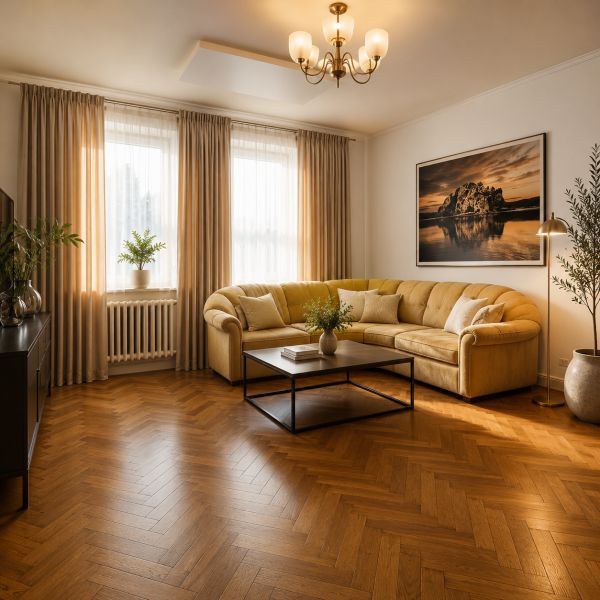 Na predaj zrekonštruovaný 4-izbový rodinný dom v Šalgočke  - Obývacia izba v rodinnom dome s pohodlnou pohovkou a podlahou s dreveným dekorom.
