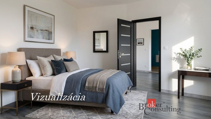 Krásny 1 izbový byt  45m2 + garáž - Spálňa s posteľou, koberec, lampy a podlaha s dreveným dekorom v 1-izbovom byte.
