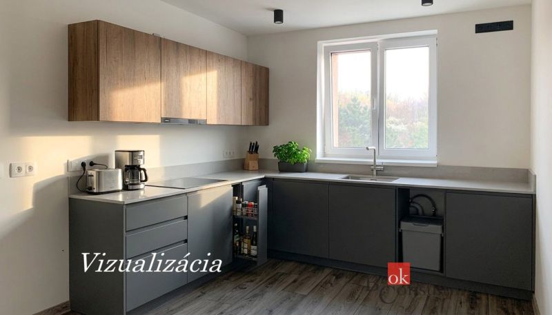 Krásny 1 izbový byt  45m2 + garáž - Kuchyňa v 1-izbovom byte s podlahou s dreveným dekorom a kuchynskou linkou.