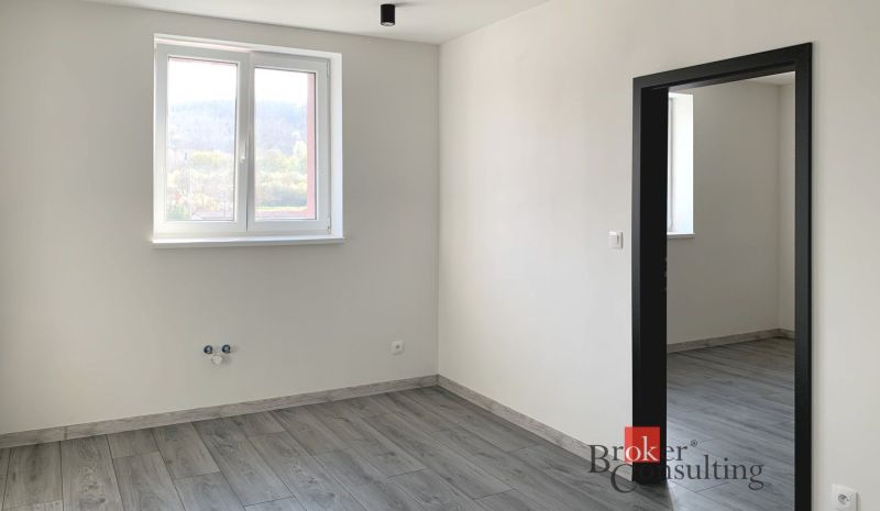 Krásny 1 izbový byt  45m2 + garáž - Interiér 1-izbového bytu s podlahou s dreveným dekorom a bielymi stenami.