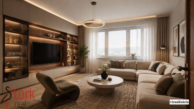 Na predaj - 2i BYT v pôvodnom stave - JUH - Rajec - Obývačka v 2-izbovom byte so sedačkou, stolíkom a podlahou s dreveným dekorom.