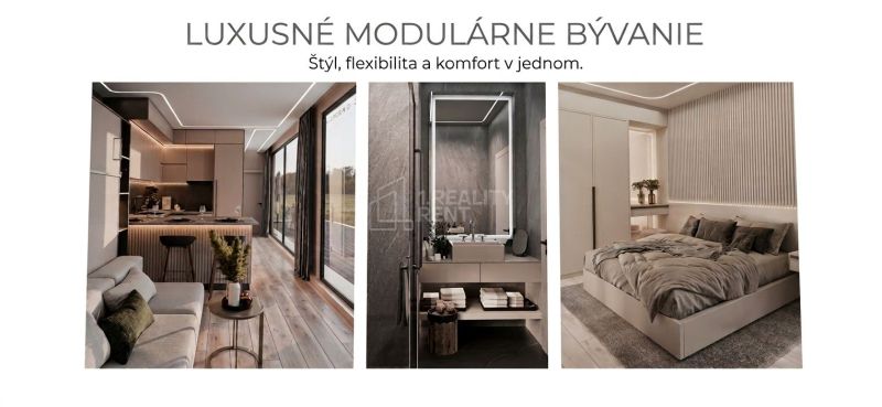 Na predaj: Luxusný mobilný dom „ZEN HOUSE“ - ihneď k odberu - Interiér rodinného domu: kuchyňa s podlahou s dreveným dekorom, kúpeľňa, spálňa so šatníkom.