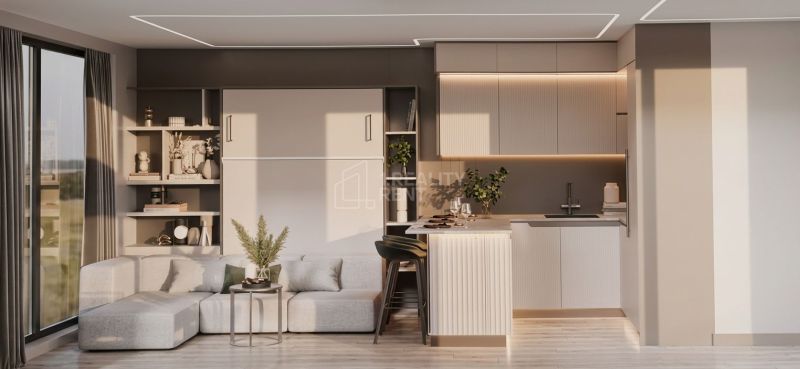 Na predaj: Luxusný mobilný dom „ZEN HOUSE“ - ihneď k odberu - Interiér rodinného domu s kuchyňou, obývacou časťou a podlahou s dreveným dekorom.