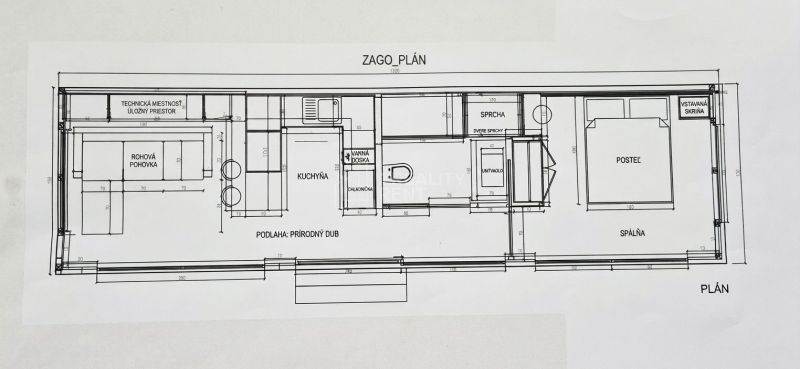 Na predaj: Luxusný mobilný dom „ZEN HOUSE“ - ihneď k odberu - Pôdorys rodinného domu s kuchyňou, technickou miestnosťou a spálňou.