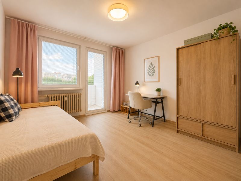 Pekný zariadený 3-izbový byt s 2 balkónmi | 85,3 m² | Petržalka I - Spálňa v 3-izbovom byte s podlahou s dreveným dekorom, pracovným stolom a vstavaným šatníkom.