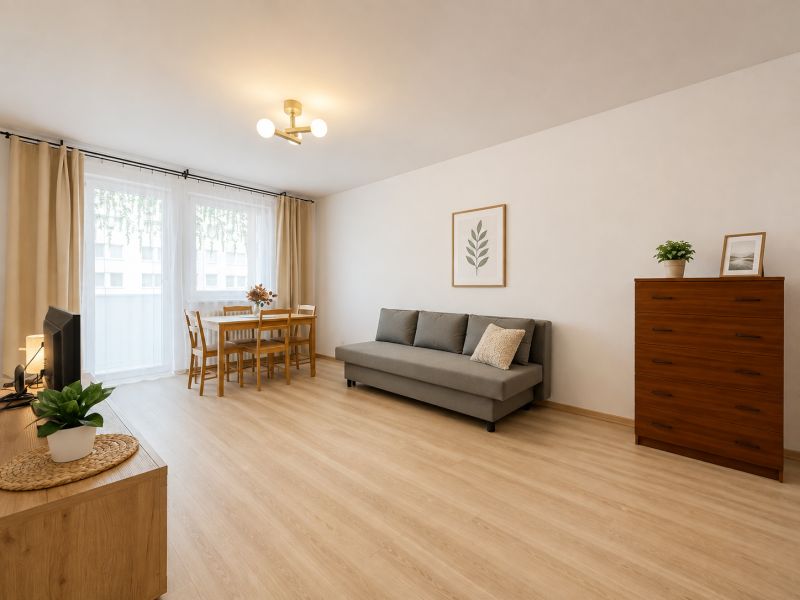 Pekný zariadený 3-izbový byt s 2 balkónmi | 85,3 m² | Petržalka I - Obývačka v 3-izbovom byte s podlahou s dreveným dekorom, pohovkou a jedálenským stolom.