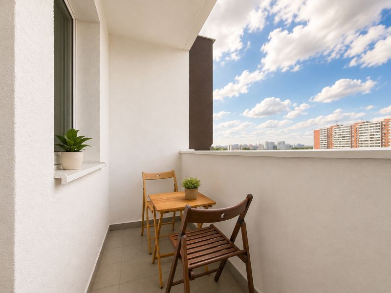 Pekný zariadený 3-izbový byt s 2 balkónmi | 85,3 m² | Petržalka I - Balkón 3-izbového bytu na Lachovej ulici v Bratislave - Petržalke s výhľadom na mesto.