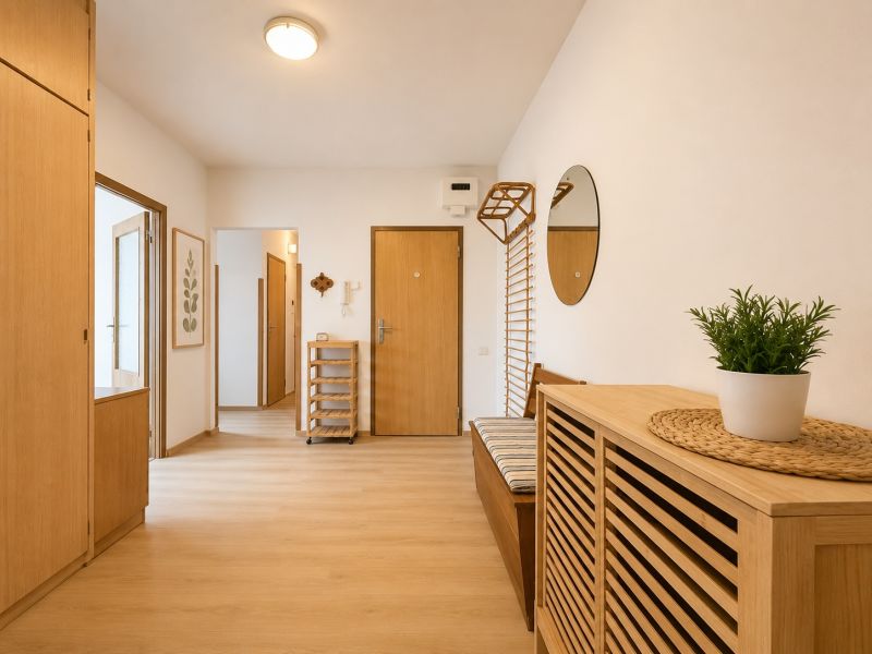 Pekný zariadený 3-izbový byt s 2 balkónmi | 85,3 m² | Petržalka I - Chodba s podlahou s dreveným dekorom a dreveným nábytkom v 3-izbovom byte.