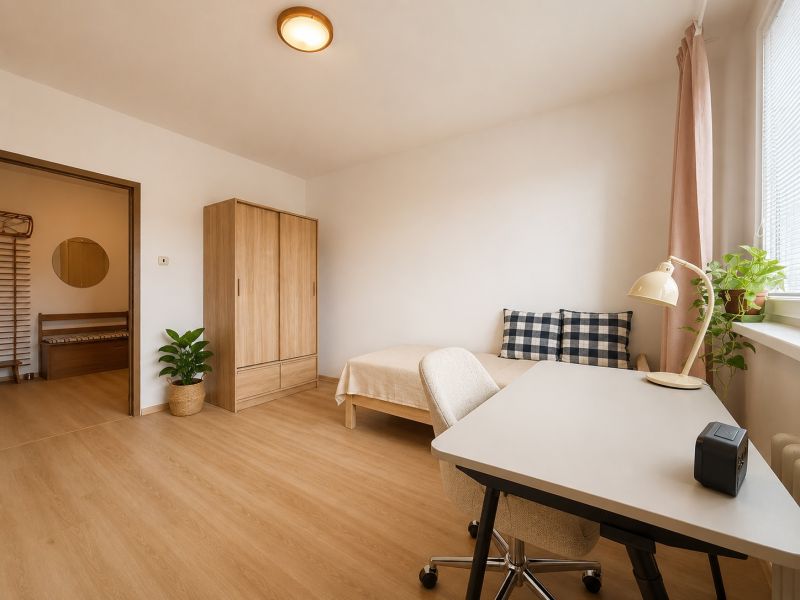 Pekný zariadený 3-izbový byt s 2 balkónmi | 85,3 m² | Petržalka I - Izba v 3-izbovom byte s podlahou s dreveným dekorom, stolom, posteľou a skrinkou.