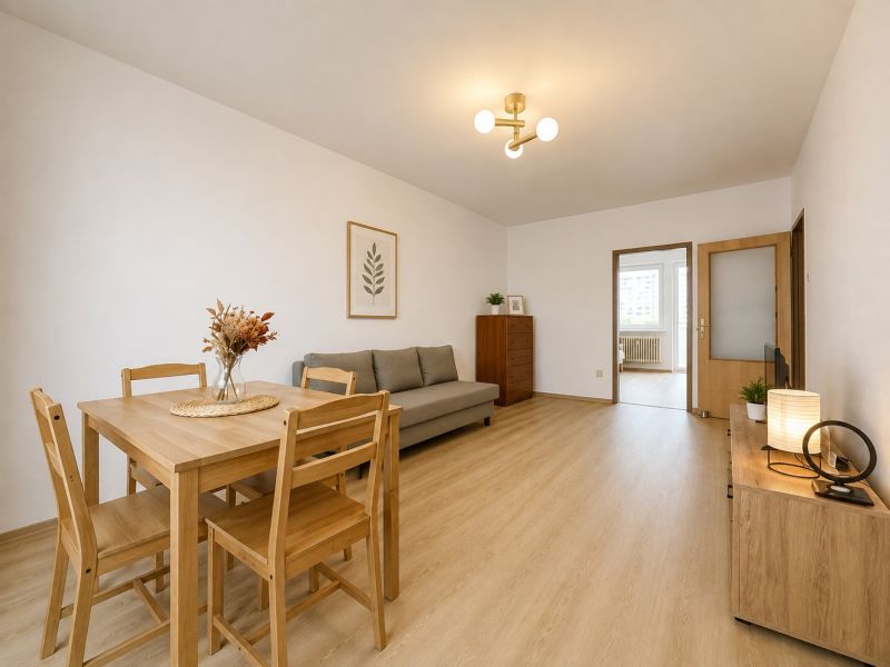 Pekný zariadený 3-izbový byt s 2 balkónmi | 85,3 m² | Petržalka I - Obývačka v 3-izbovom byte s podlahou s dreveným dekorom a jednoduchým nábytkom.