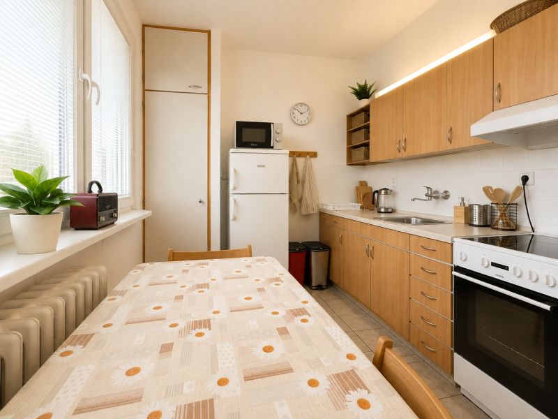 Pekný zariadený 3-izbový byt s 2 balkónmi | 85,3 m² | Petržalka I - Kuchyňa v 3-izbovom byte s linkou, stolom, chladničkou a dekoračnými prvkami.