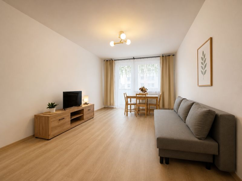 Pekný zariadený 3-izbový byt s 2 balkónmi | 85,3 m² | Petržalka I - Obývačka v 3-izbovom byte s podlahou s dreveným dekorom, sedačkou a jedálenským stolom.