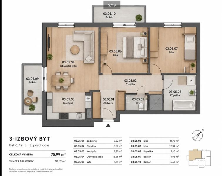 3- izbový byt v Stupave na Dlhej ulici  - Pôdorys 3-izbového bytu s dvoma balkónmi a podlahou s dreveným dekorom.