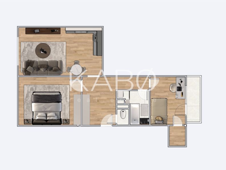 Moderný 3 izbový byt s balkónom a výhľadom na Zobor - Chrenová - Pôdorys 3-izbového bytu s podlahou s dreveným dekorom, obsahuje kuchyňu a kúpeľňu.