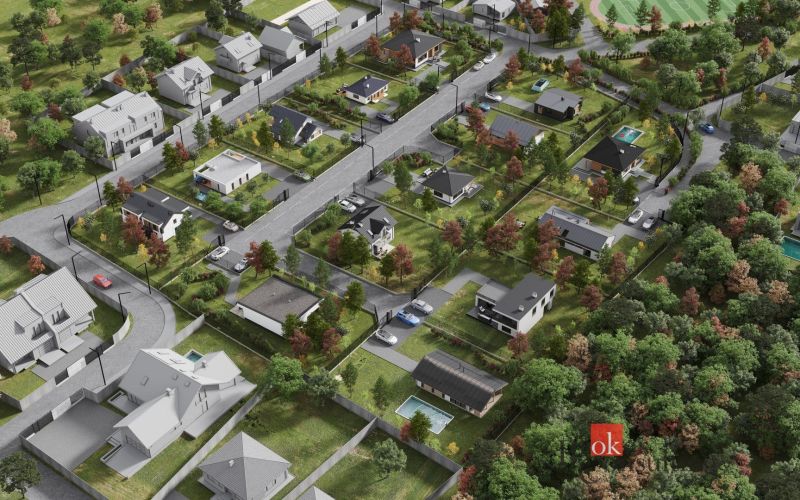 Projekt Rezidencia pod Lesom - Pozemky - bývanie v Nitre ukazujú rozvrhnutie domov so záhradami a zelenými priestranstvami.