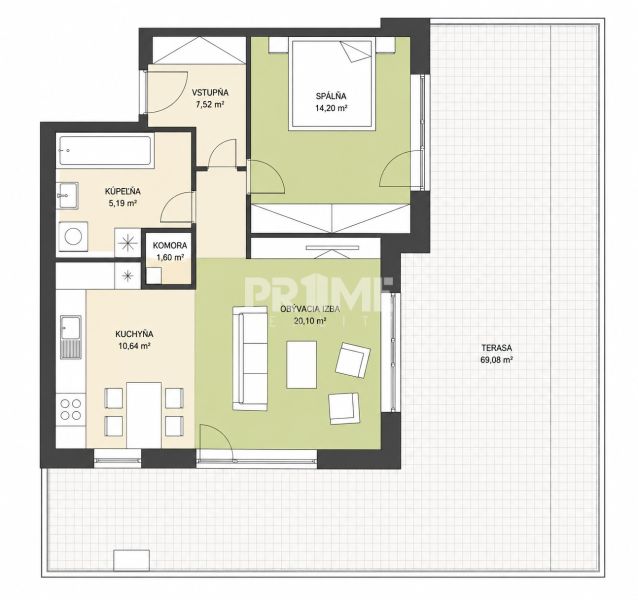 PENTHOUSE – moderný 2i byt s výnimočnou 69 m² terasou, AHOJ PARK - Pôdorys 2-izbového bytu s terasou a kuchyňou, kúpeľňou, komorou, spálňou a obývačkou.