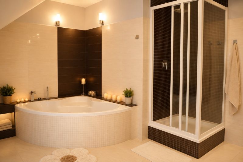 Dvojgeneračný RD s veľkým pozemkom a potenciálom ďalšej výstavby - Elegantná kúpeľňa s rohovou vaňou, sprchovacím kútom a jemným osvetlením v rodinnom dome.