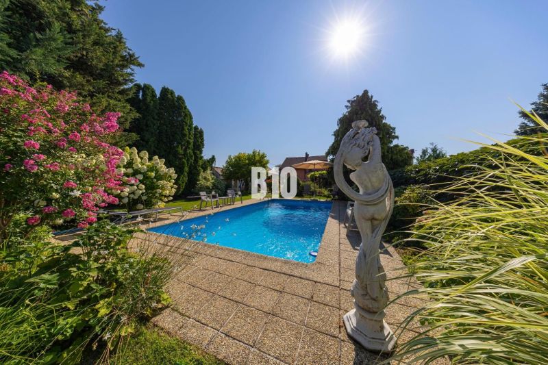 Priestranný 5-izbový rodinný dom (190 m²) s krásne upraveným 13a pozem - Bazén v záhrade rodinného domu na Bratislavskej ulici v Malinove s kvetmi a sochou.
