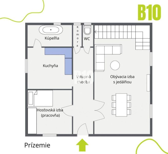Priestranný 5-izbový rodinný dom (190 m²) s krásne upraveným 13a pozem - Plán prízemia rodinného domu: obývacia izba s jedálňou, kuchyňa, kúpeľňa, izby.