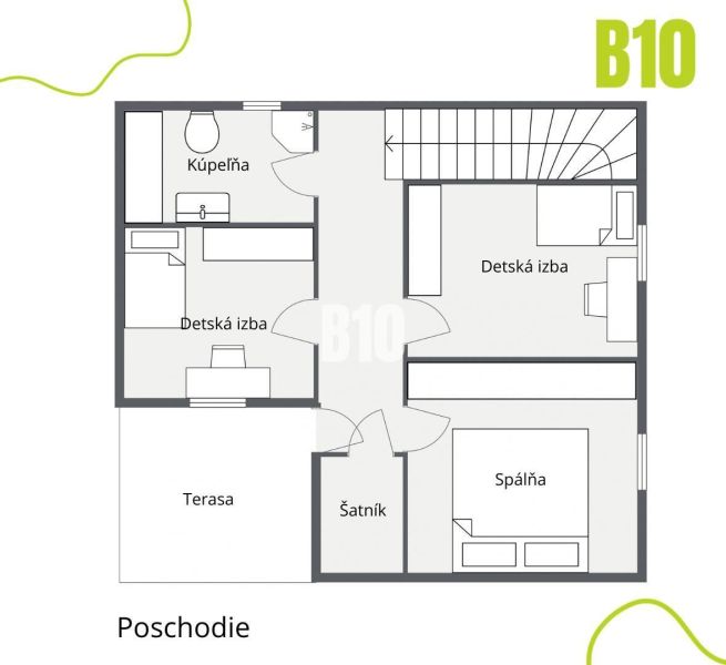 Priestranný 5-izbový rodinný dom (190 m²) s krásne upraveným 13a pozem - Pôdorys poschodia rodinného domu so spálňou, detskými izbami, kúpeľňou a terasou.