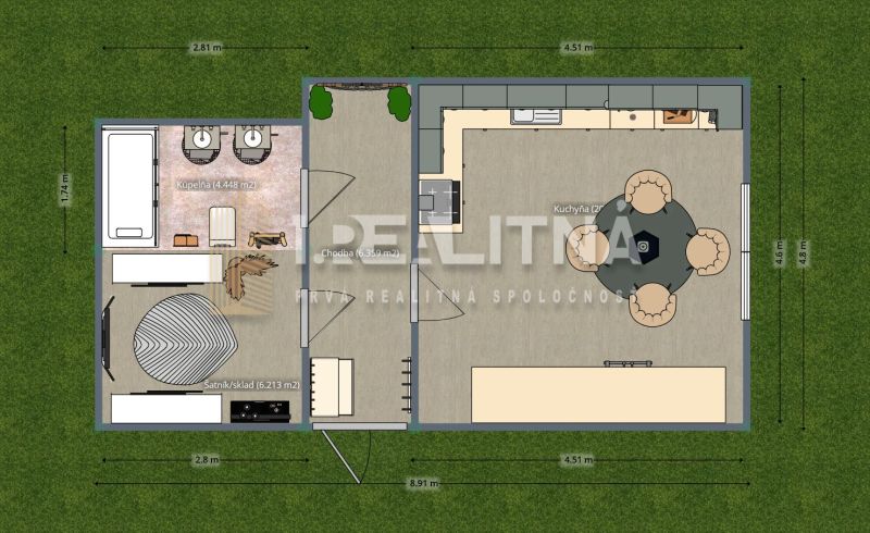 RODINNÝ DOM NA  REKONŠTRUKCIU PODĽA VLASTNÝCH PREDSTÁV, PONIKY, 1157M2 - Pôdorys Rodinného domu s kúpeľňou, chodbou, kuchyňou a šatníkom/skladom.